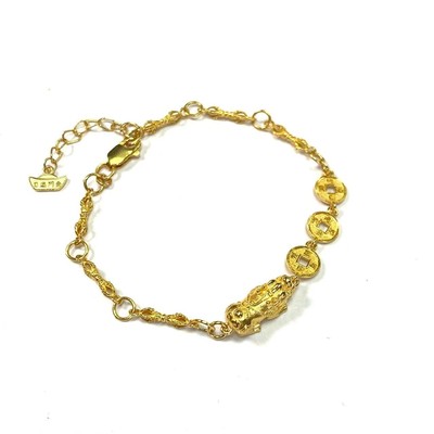 安伯曼18K金乾道嘉三帝铜钱貔貅金元宝手链3-4g