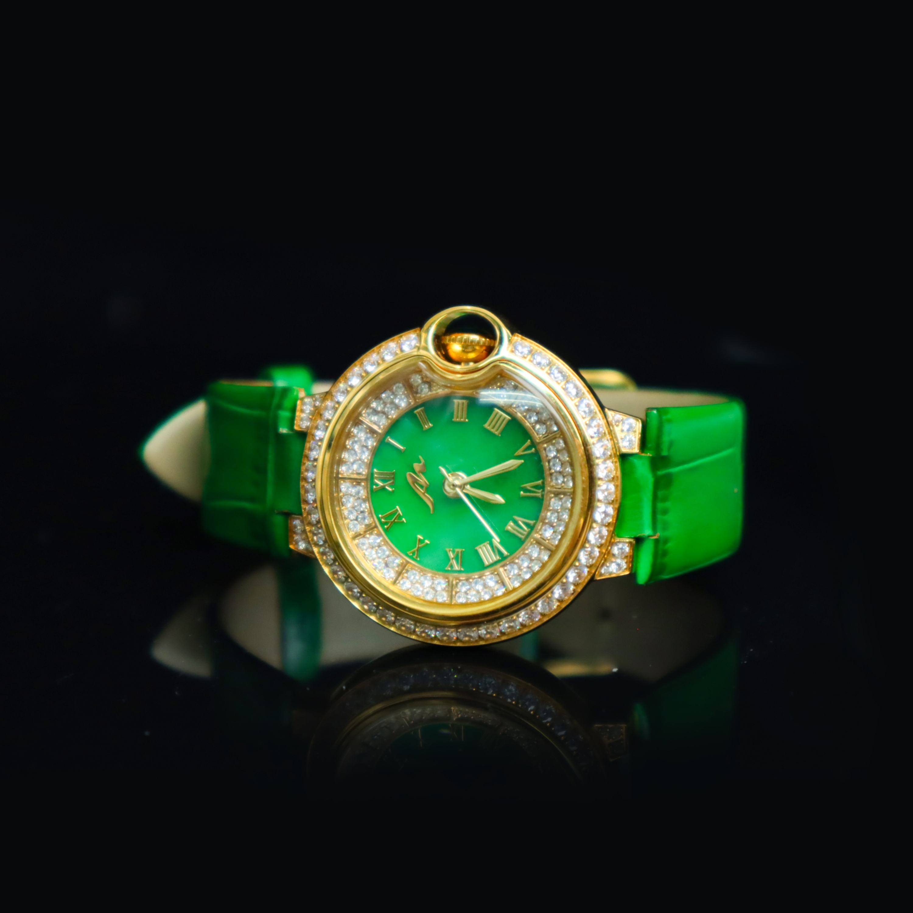 安伯曼翡翠满绿满天星牛皮绿色表带手表32mm