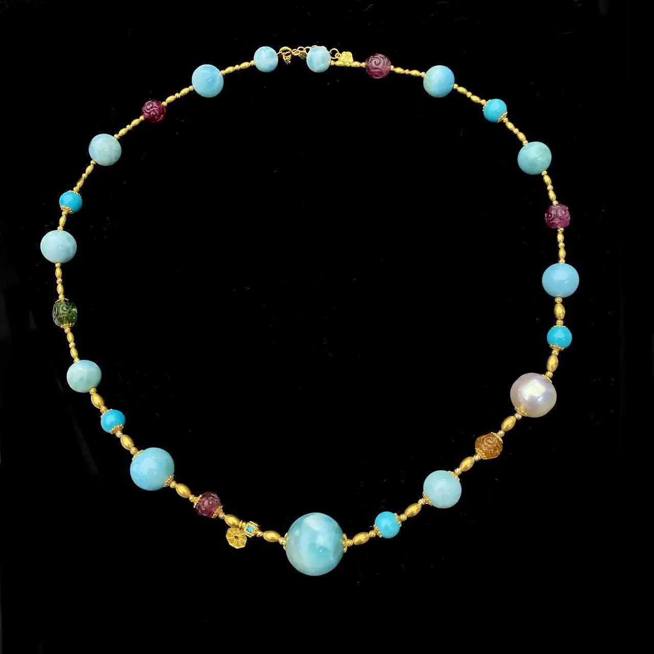 碧玺回纹珠澳白绿松18K金米粒圆饼海纹石满天星项链5-13mm45cm
