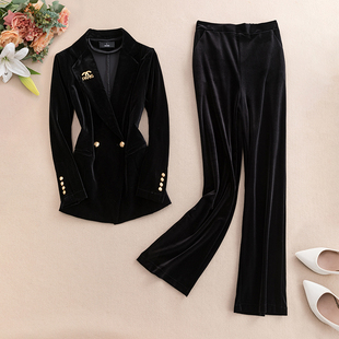 双排扣高端丝绒西服微喇裤子两件套大码收腰金丝绒小西装女外套秋