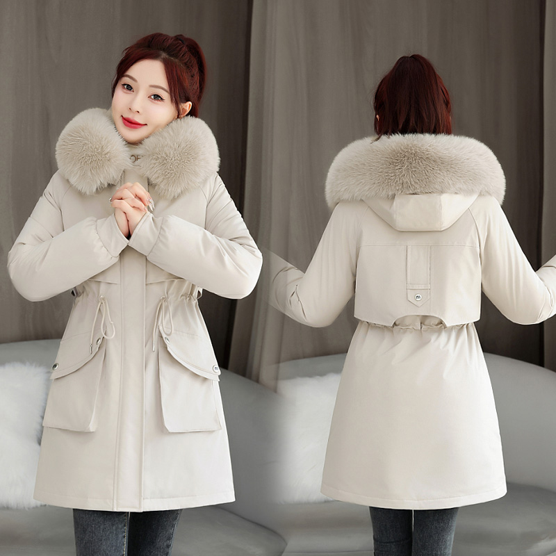 加绒加厚中长款派克服女大码宽松大毛领连帽棉袄小个子棉衣女外套