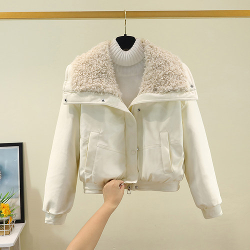 冬新款羊羔毛翻领羽绒棉衣女皮夹克免洗皮面加厚棉袄PU皮棉服外套