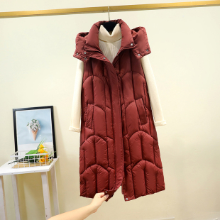 宽松马夹加厚坎肩背心 大码 中长款 过膝可拆卸帽羽绒棉马甲女冬新款