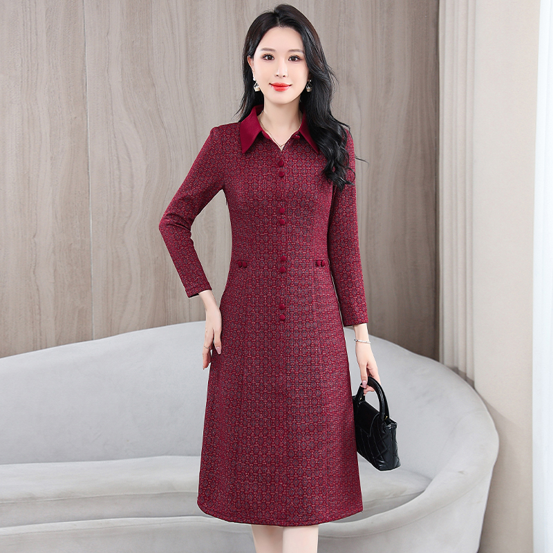 春秋新款高档娃娃领新中式长袖连衣裙女中长款修身收腰大码a字裙