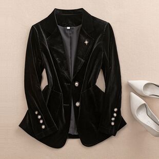 上衣套装 黑色金丝绒长袖 高端阔腿裤 外套女灯芯绒修身 西服OL 小西装