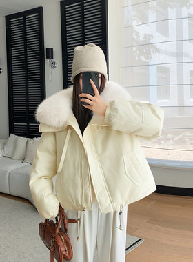冬新款大毛领PU皮夹克免洗棉袄大码加厚羽绒棉衣女小个子棉服外套