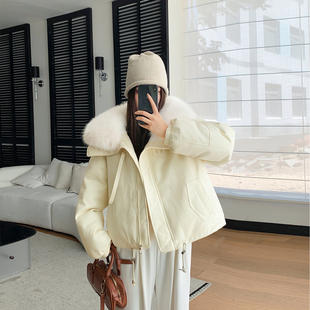 冬新款大毛领PU皮夹克免洗棉袄大码加厚羽绒棉衣女小个子棉服外套