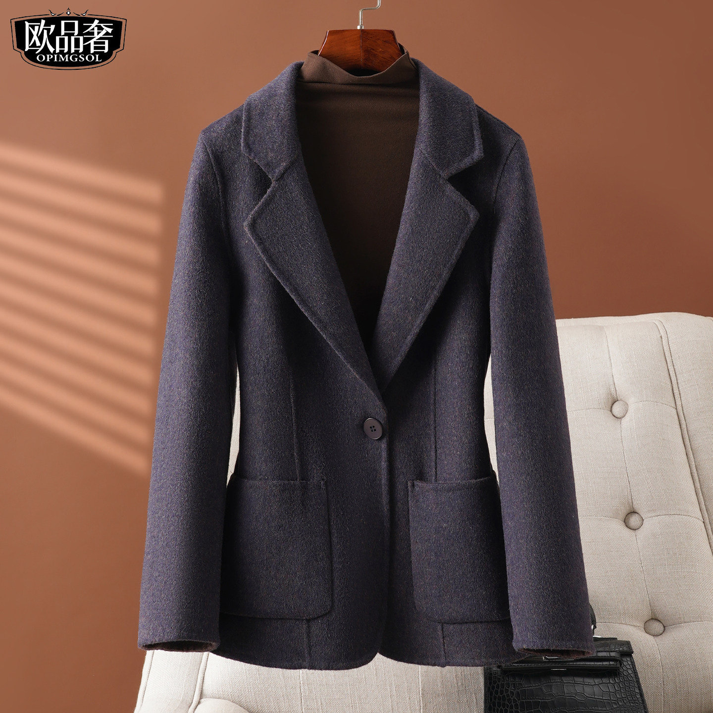 羊毛呢西装外套女短款修身气质一粒扣小个子2026春新款双面呢大衣