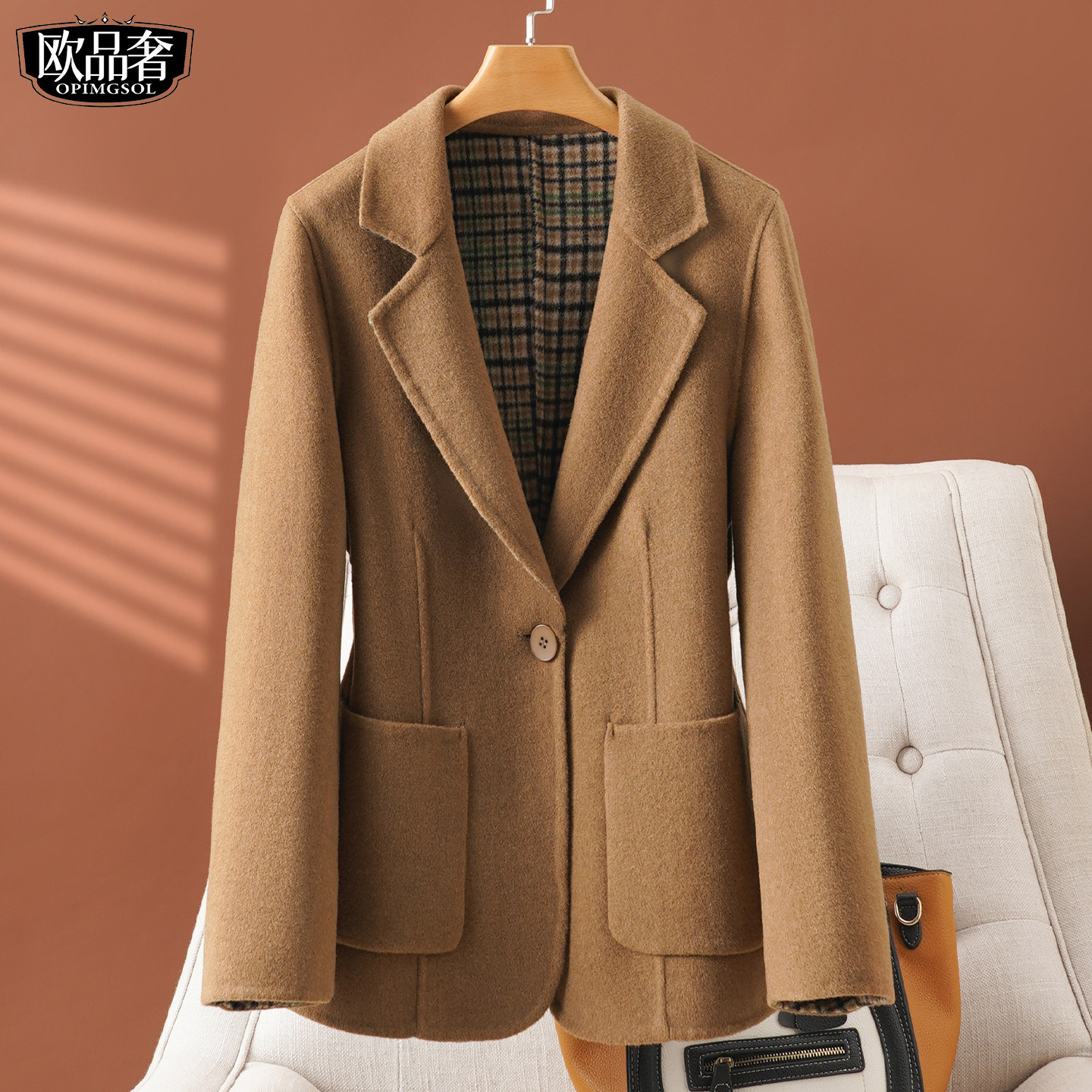 全羊毛呢西装外套女短款修身气质小个子2026春新款双面呢大衣西服