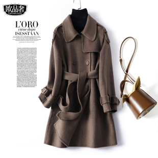 羊毛呢外套 妮子春秋新款 双面羊绒大衣女中长款 翻领系带双排扣韩版