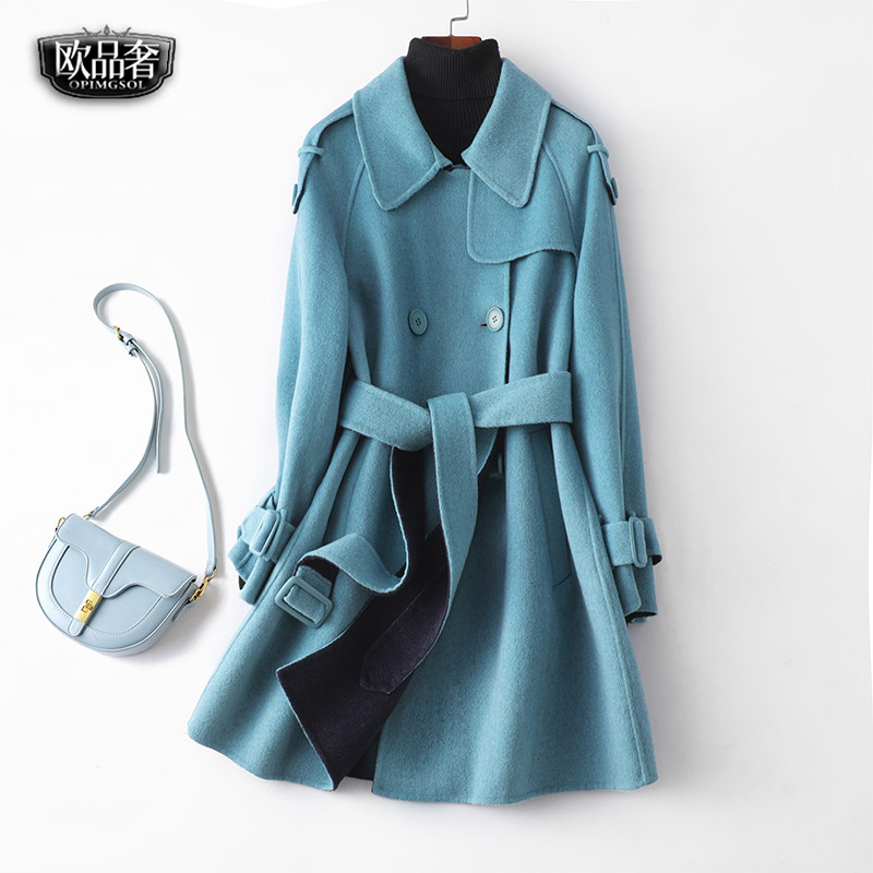 毛呢外套女中长系带收腰韩版时尚双面呢春秋新款高级感羊绒大衣女