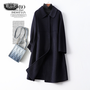 双面羊绒大衣女中长款 高档羊毛呢外套女 翻领藏青显瘦气质春秋新款
