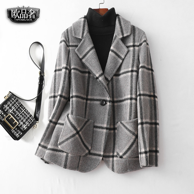 双面羊绒大衣女短款西装领修身气质格子春秋新款高档毛呢外套女士