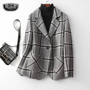 双面羊绒大衣女短款西装领修身气质格子春秋新款高档毛呢外套女士