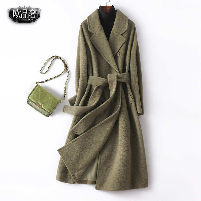 双面羊绒大衣女中长系带收腰军绿阿巴卡春秋新款高级感毛呢外套女