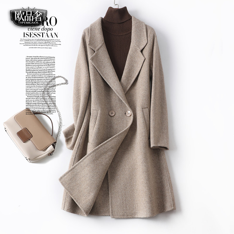 双面羊绒大衣女中长款西装领修身气质人字纹秋冬新款驼色毛呢外套