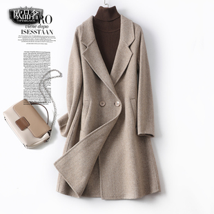双面羊绒大衣女中长款西装领修身气质人字纹春秋新款驼色毛呢外套