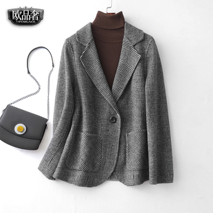 毛呢外套女短款西装领千鸟格修身气质秋冬高档双面羊绒大衣女西装