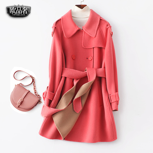 毛呢外套 韩版 双面羊绒大衣女中长系带收腰减龄时尚 小个子春秋新款