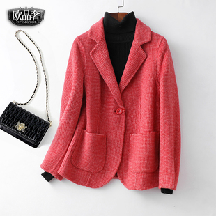 毛呢外套女短款西装领修身红色格西服小个子秋冬新款双面羊绒大衣