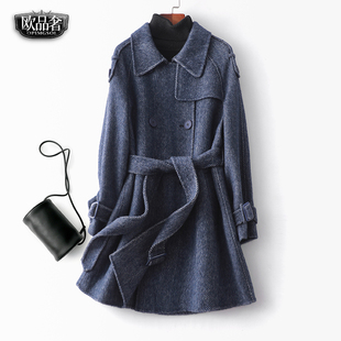 双面羊绒大衣女中长款双排扣系带人字纹秋冬新款高端羊毛呢外套女