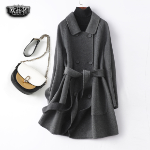 毛呢外套女中长系带收腰高级灰韩版小个子秋冬新款双面羊绒大衣女