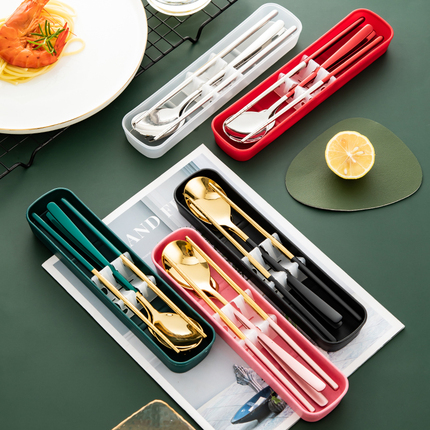 筷子勺子套装学生可爱304不锈钢叉子一人用便携餐具收纳盒三件套