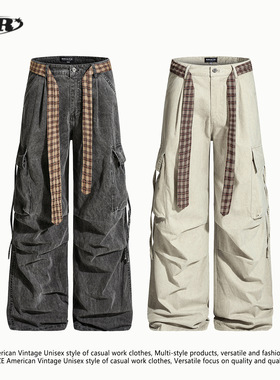 OREETA美式复古配格纹腰带工装裤男女款多口袋褶皱宽松阔腿休闲裤