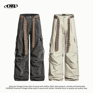 多口袋褶皱宽松阔腿休闲裤 OREETA美式 男女款 裤 复古配格纹腰带工装