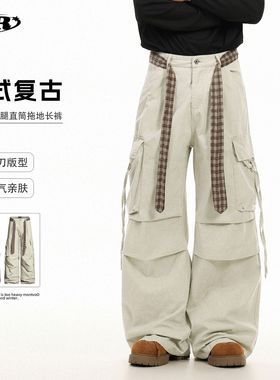 OREETA美式复古水洗做旧工装裤男女款配格纹腰带多口袋褶皱休闲裤