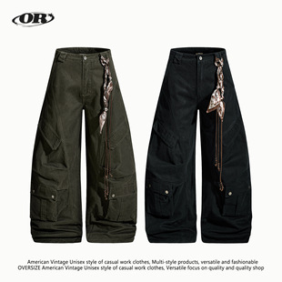 OREETA丨多口袋阔腿弯刀工装裤男女款潮牌配丝带高级感休闲拖地裤