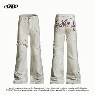 OREETA丨脏染做旧微喇叭牛仔裤男女潮牌高街绑带字母刺绣街头长裤
