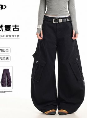OREETA丨宽松阔腿弯刀工装裤男女可穿潮牌中性风复古拖地休闲裤