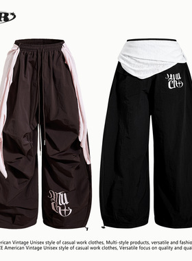 OREETA美式高街撞色飘带降落伞裤女宽松显瘦阔腿裤嘻哈百搭休闲裤