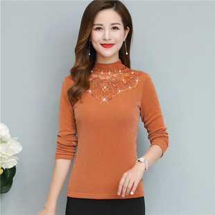 亮丝网纱打底衫 秋冬新款 女长袖 t恤加绒蕾丝大码 加绒 上衣小衫 薄款
