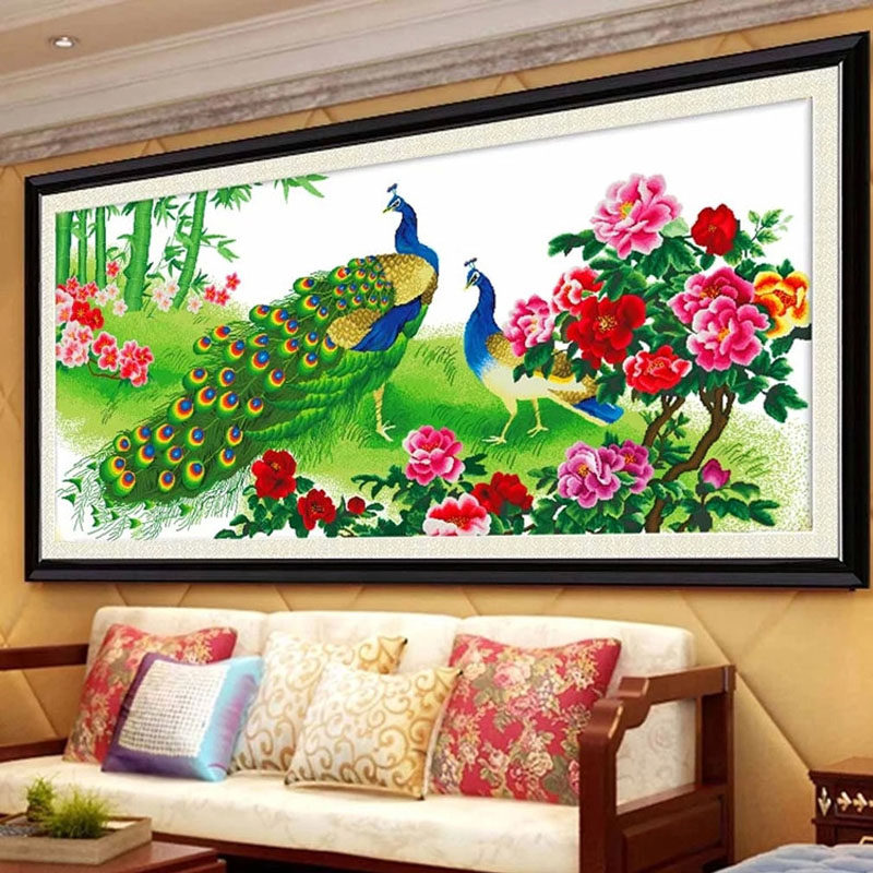 前程似锦锦绣前程孔雀牡丹动物大幅客厅卧室szx印花十字绣szx