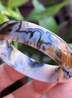 云臻阁天然巴西老花料水墨蓝象形云彩山景意境多彩玛瑙手镯56口径
