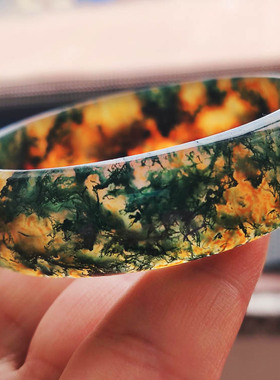 云臻阁绿草玛瑙手镯 金黄底子青绿水草清晰满圈57口径