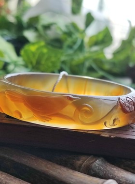 云臻阁巴玉俏色红天然冰料玛瑙雕刻喜鹊梅花枝柳立体景观手镯55口