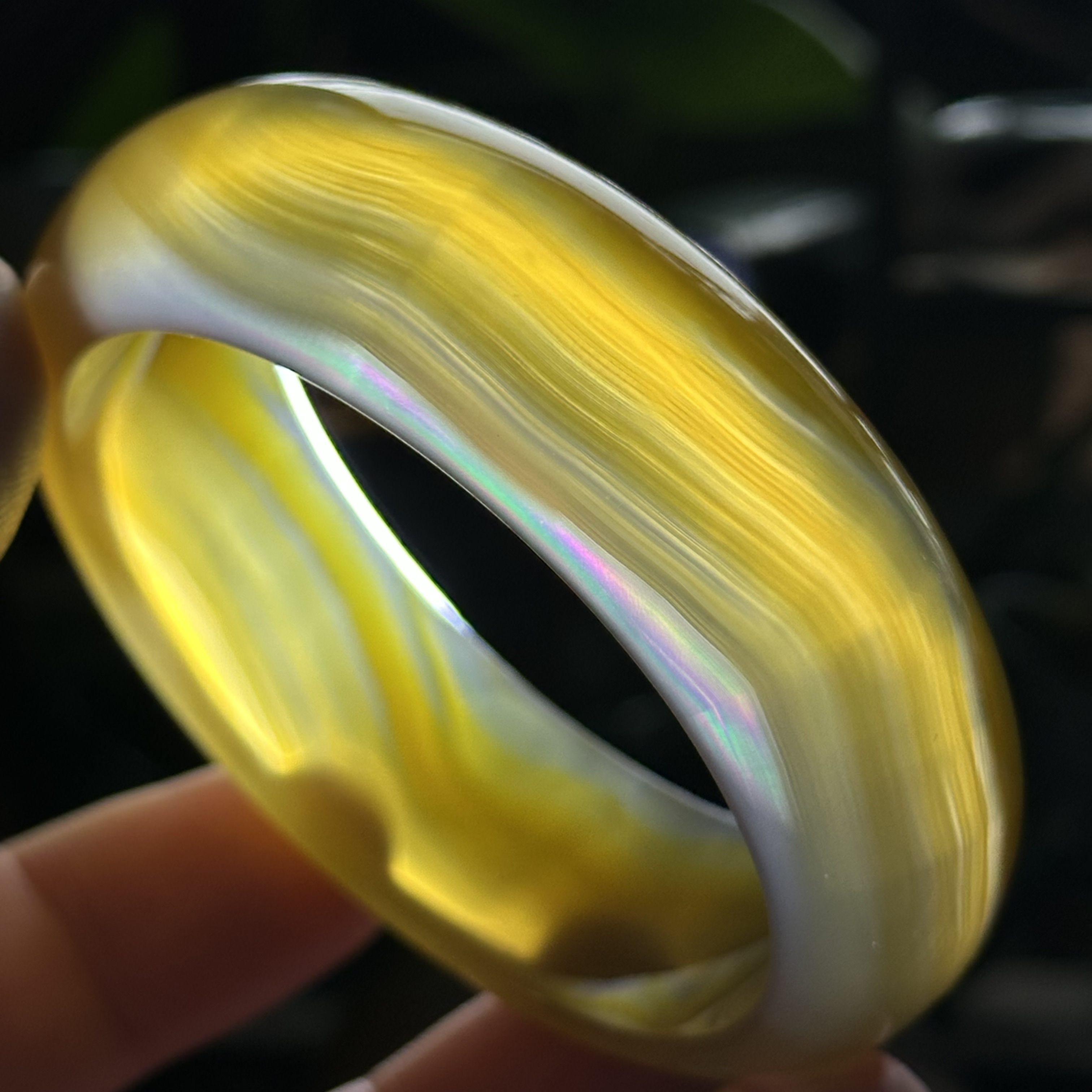 天然巴玉宽版金丝冰底透七彩极光彩虹光虹膜玛瑙手镯黄冰蜜糖镯59