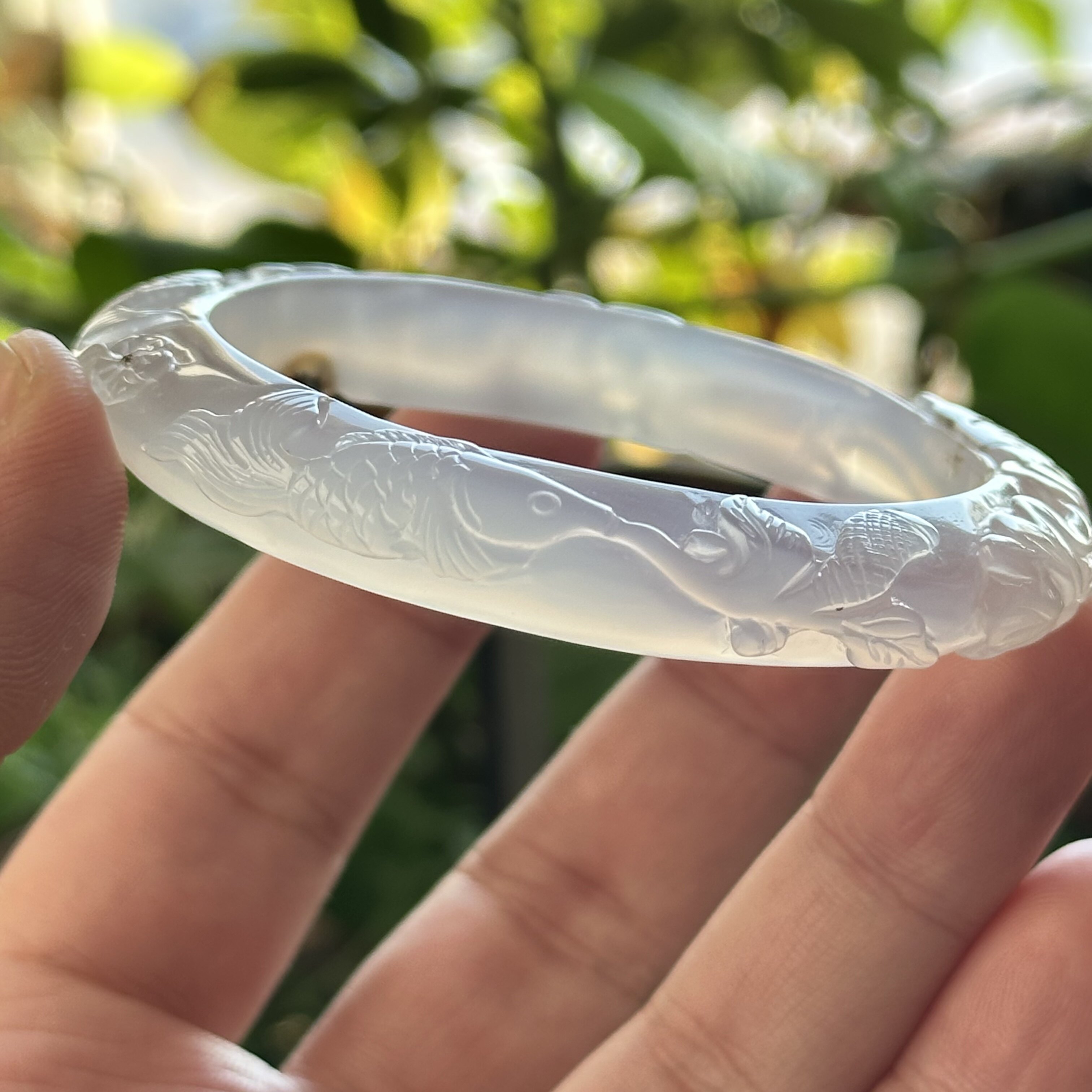 天然海洋玉髓高冰紫玉髓草花纯手工巧雕荷花鲤鱼景观玛瑙手镯58口