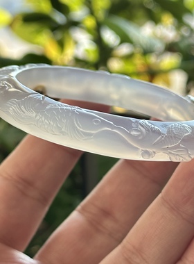 天然海洋玉髓高冰紫玉髓草花纯手工巧雕荷花鲤鱼景观玛瑙手镯58口