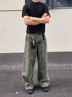 美式街头复古水洗泼墨牛仔裤男女
