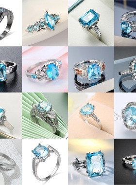 欧美热销设计感海蓝宝饰品水蓝锆石女戒指简约百搭时尚铜版戒指