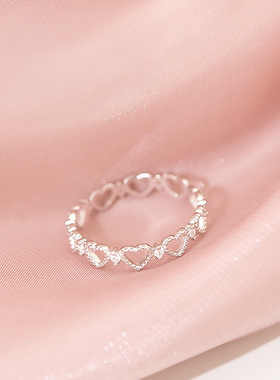 镂空爱心戒指女时尚个性S925银甜美心形环绕食指戒开口指环戒