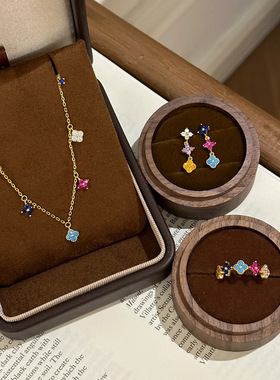 S925纯银彩色四叶花项链女多巴胺四叶草戒指轻奢小众耳钉首饰