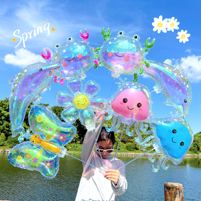炫彩海洋水母手持夹片铝膜气球儿童卡通学校店铺活动夜市地推装饰