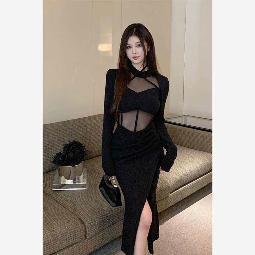 纯欲风辣妹网纱拼接长袖连衣裙女春季新款开叉性感中长款包臀裙子