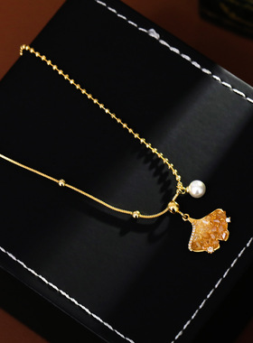 美拉德香槟色水晶项链银杏叶锁骨颈链网红秋冬文艺复古枫叶毛衣