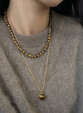 秋冬焦糖美拉德虎眼石串珠项链女时尚轻奢小众个性叠戴麻花毛衣链